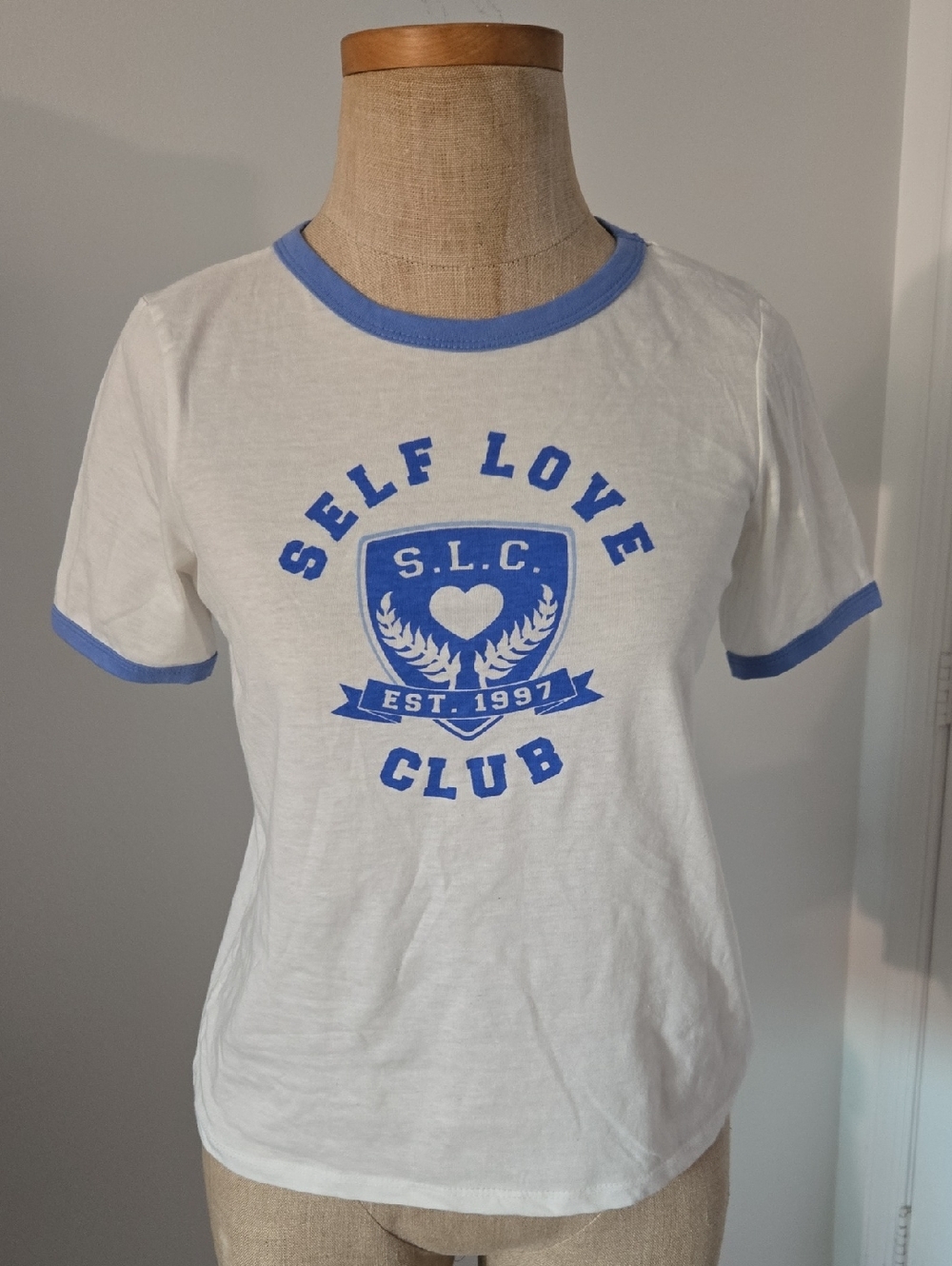New! Self Love Club White & Blue Ringer Tee